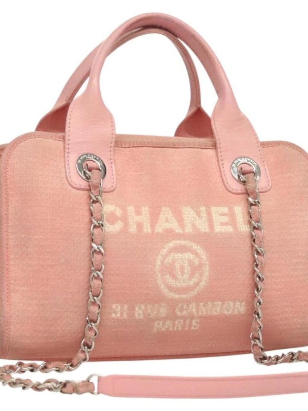 CHANEL Hand Bag Canvas Leather 2way Pink Silver CC Auth BA2930